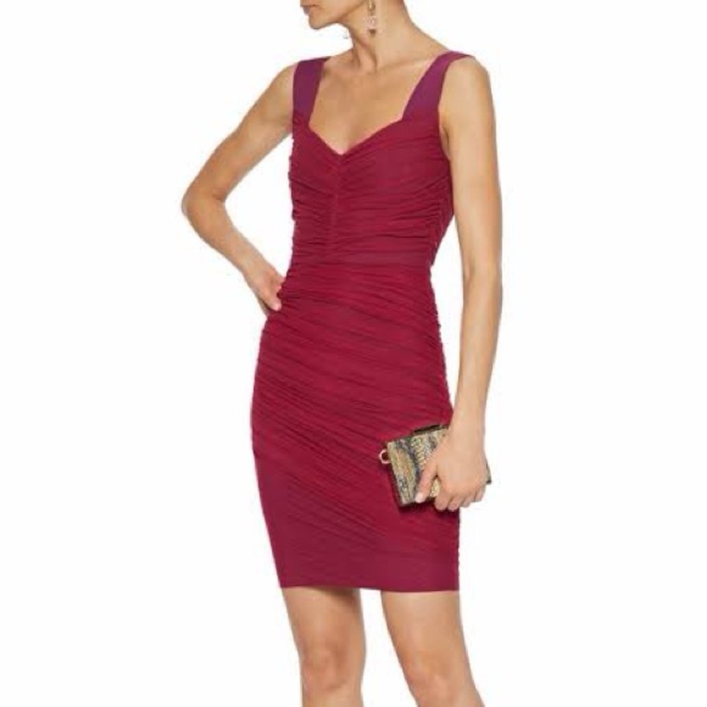 Herve Leger Layered Ruched Tulle And Bandage Mini Dress